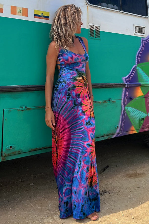 Junaria™ - Maxi-jurk met tie-dye print, vetersluiting op de rug, stretch (met ingebouwde bh)
