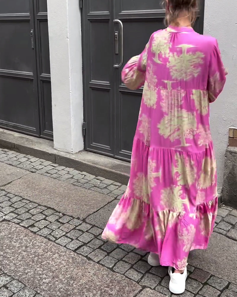 Greta™ - Losvallende Patchworkjurk met V-hals en Klokmouwen met Print