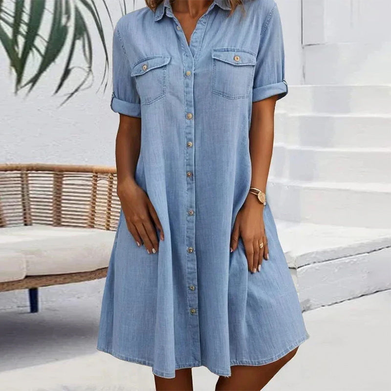 Evelina™ - Midi jurk met knoop en omgekeerde kraag