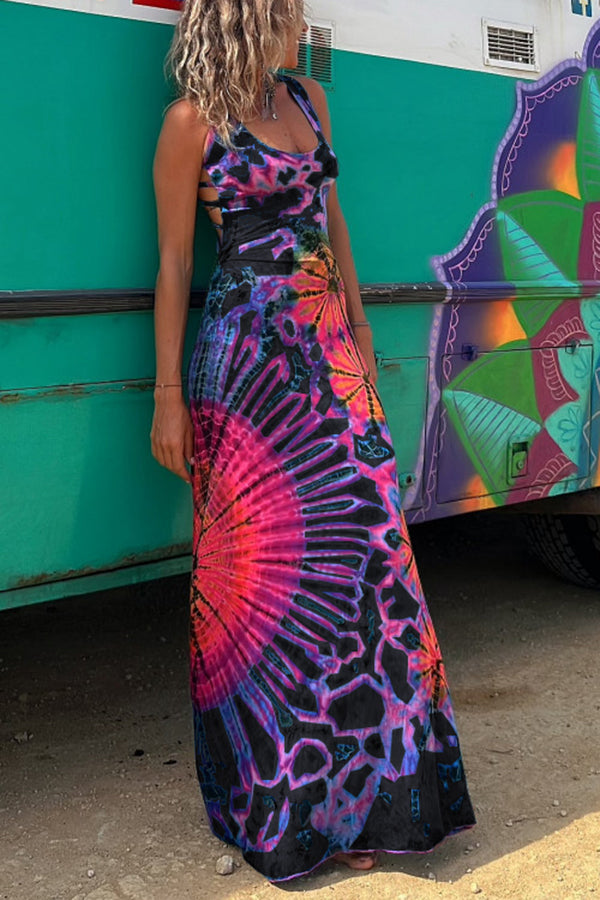 Junaria™ - Maxi-jurk met tie-dye print, vetersluiting op de rug, stretch (met ingebouwde bh)