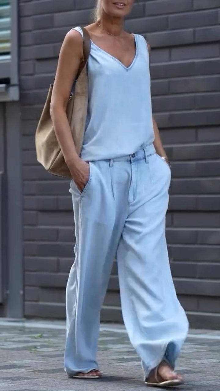 Maravelle - Casual damesoutfit met V-hals en mouwloze Tencel-denim
