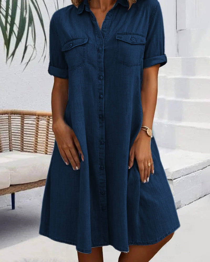 Evelina™ - Midi jurk met knoop en omgekeerde kraag