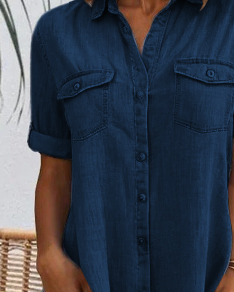 Evelina™ - Midi jurk met knoop en omgekeerde kraag