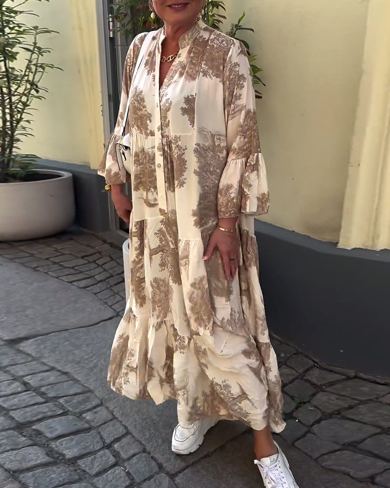 Greta™ - Losvallende Patchworkjurk met V-hals en Klokmouwen met Print