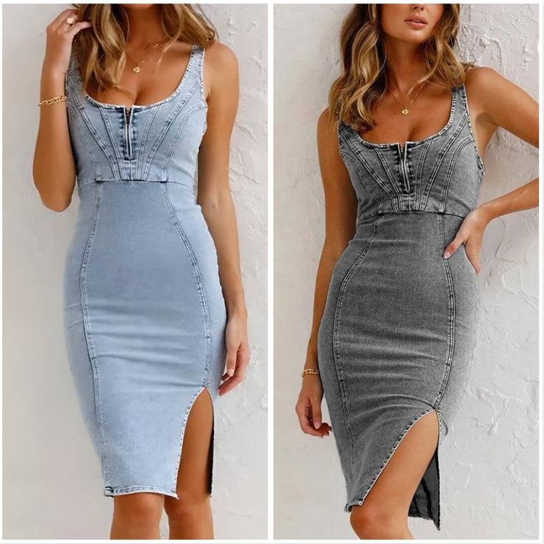 Estelle™ - Bodycon Denim Jurk met U-Vormige Hals en Split met Verstelbare Bandjes