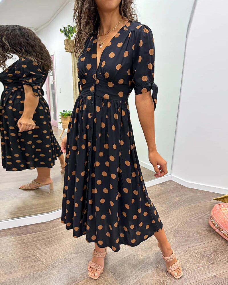 Mina™ - Polka Dot Jurk met Diepe Puntige Halslijn