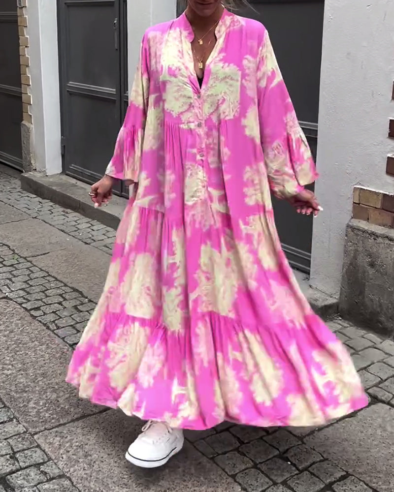 Greta™ - Losvallende Patchworkjurk met V-hals en Klokmouwen met Print