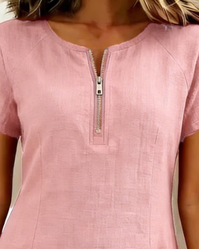 Kovira - Korte Katoenen Linnen Jurk met Rits en Zakken