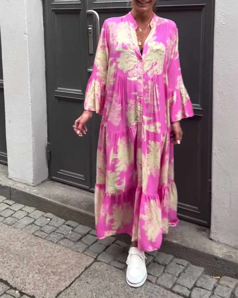 Greta™ - Losvallende Patchworkjurk met V-hals en Klokmouwen met Print