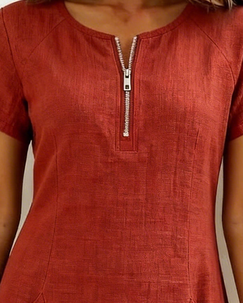 Kovira - Korte Katoenen Linnen Jurk met Rits en Zakken