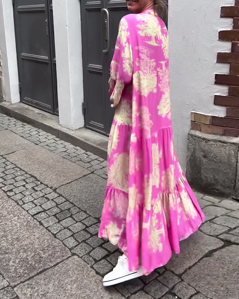 Greta™ - Losvallende Patchworkjurk met V-hals en Klokmouwen met Print