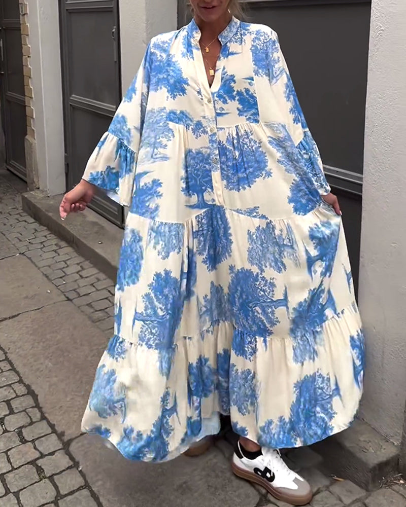 Greta™ - Losvallende Patchworkjurk met V-hals en Klokmouwen met Print