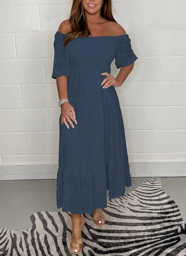 Melodie™ - Effen elegante uitlopende jurk met borduursel