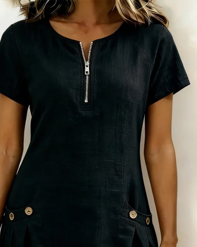 Kovira - Korte Katoenen Linnen Jurk met Rits en Zakken