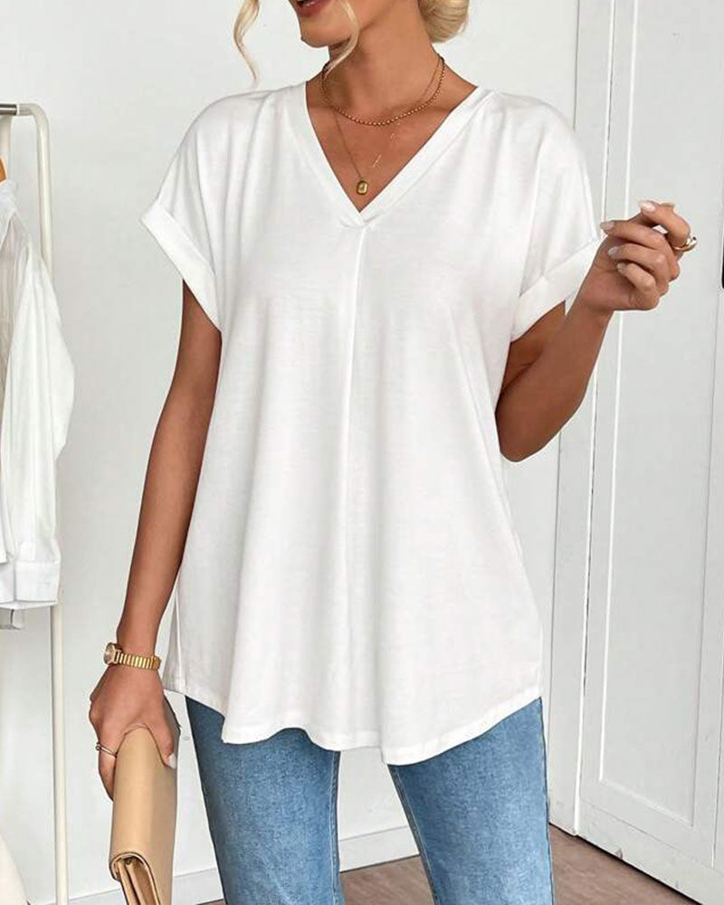 Estella™ - T-shirt met korte mouwen effen kleur patchwork
