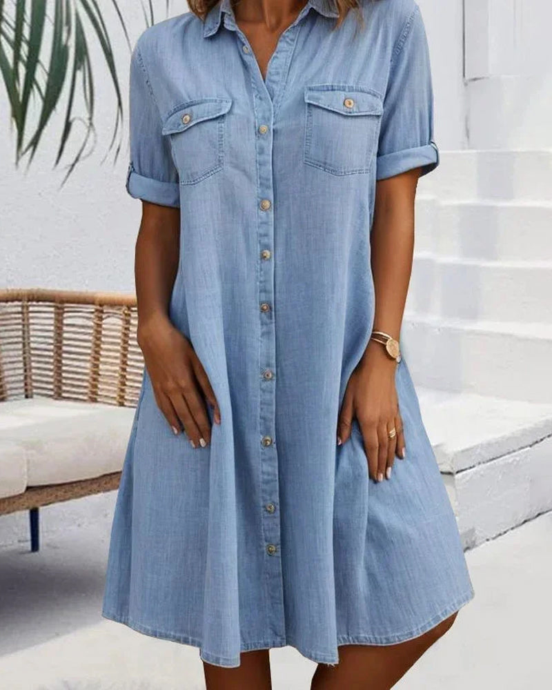 Evelina™ - Midi jurk met knoop en omgekeerde kraag