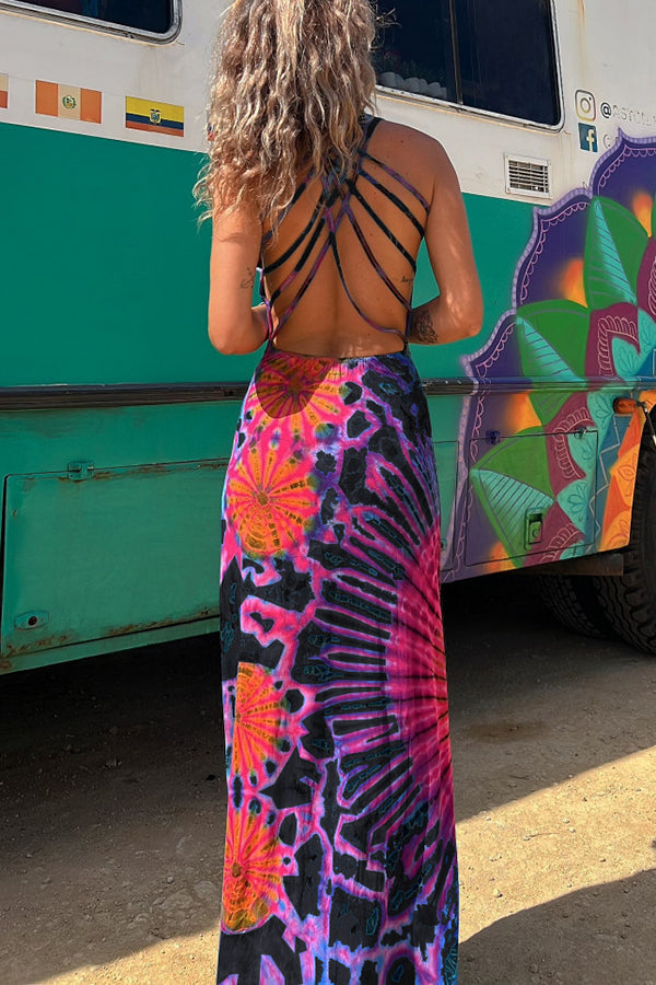 Junaria™ - Maxi-jurk met tie-dye print, vetersluiting op de rug, stretch (met ingebouwde bh)