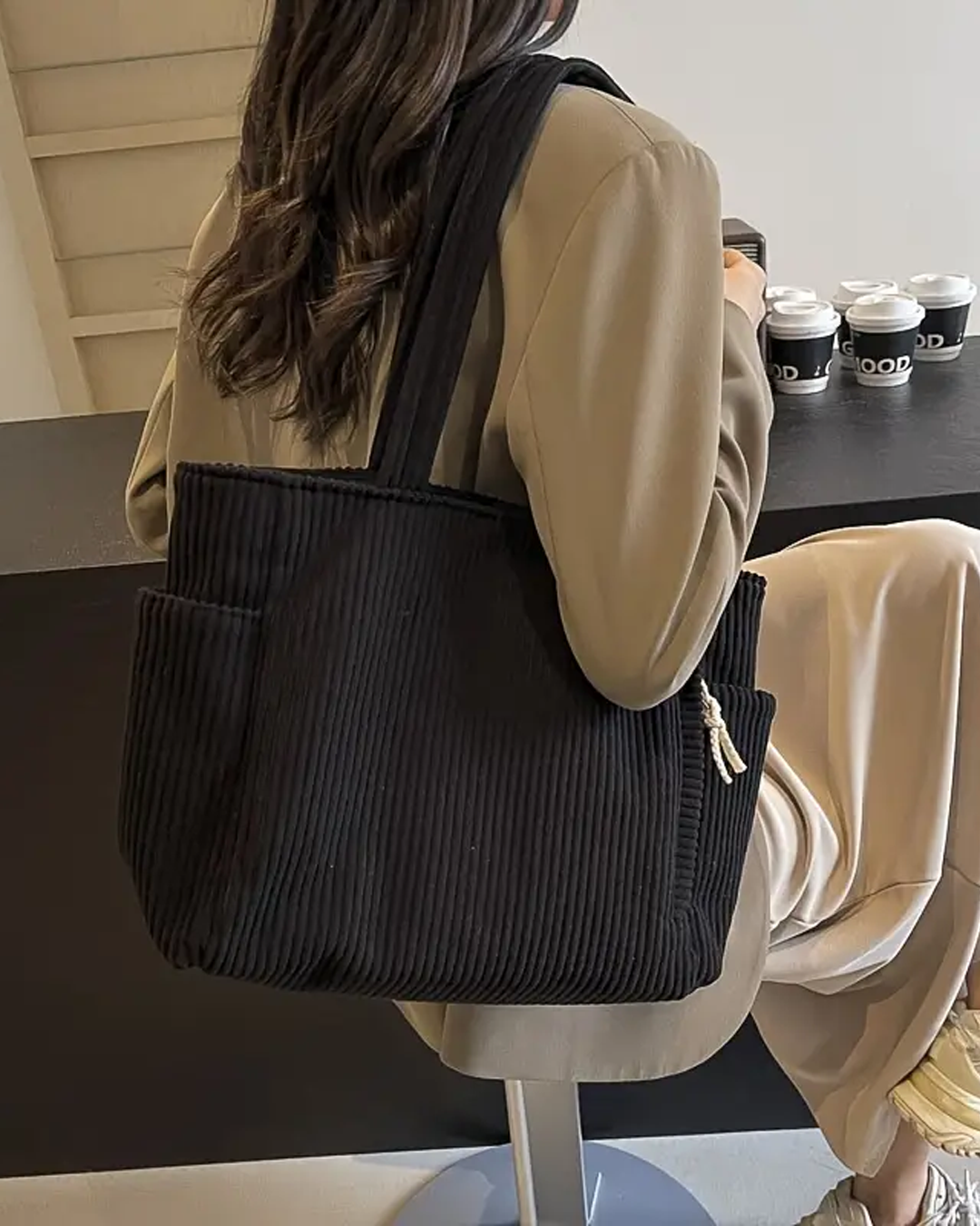 Gisara™ - Geribde tote bag met koorddetail