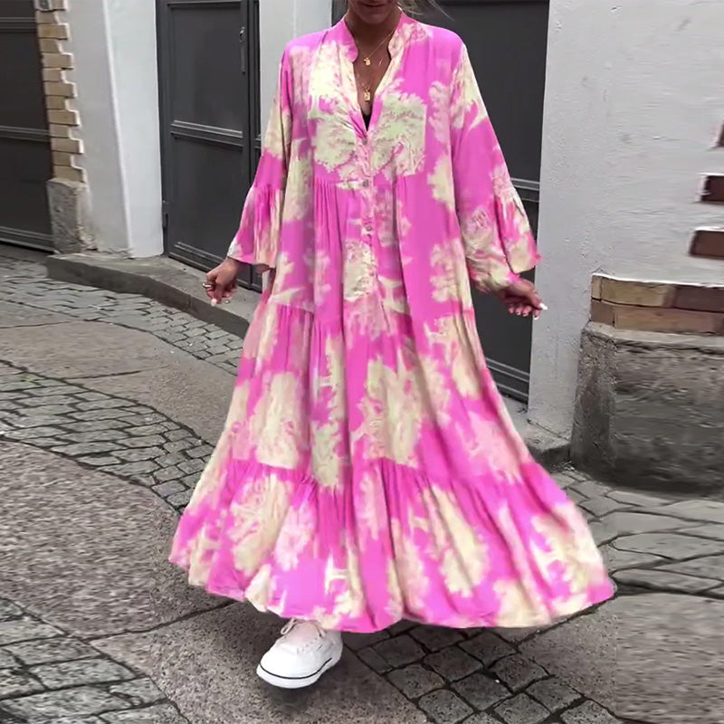 Greta™ - Losvallende Patchworkjurk met V-hals en Klokmouwen met Print