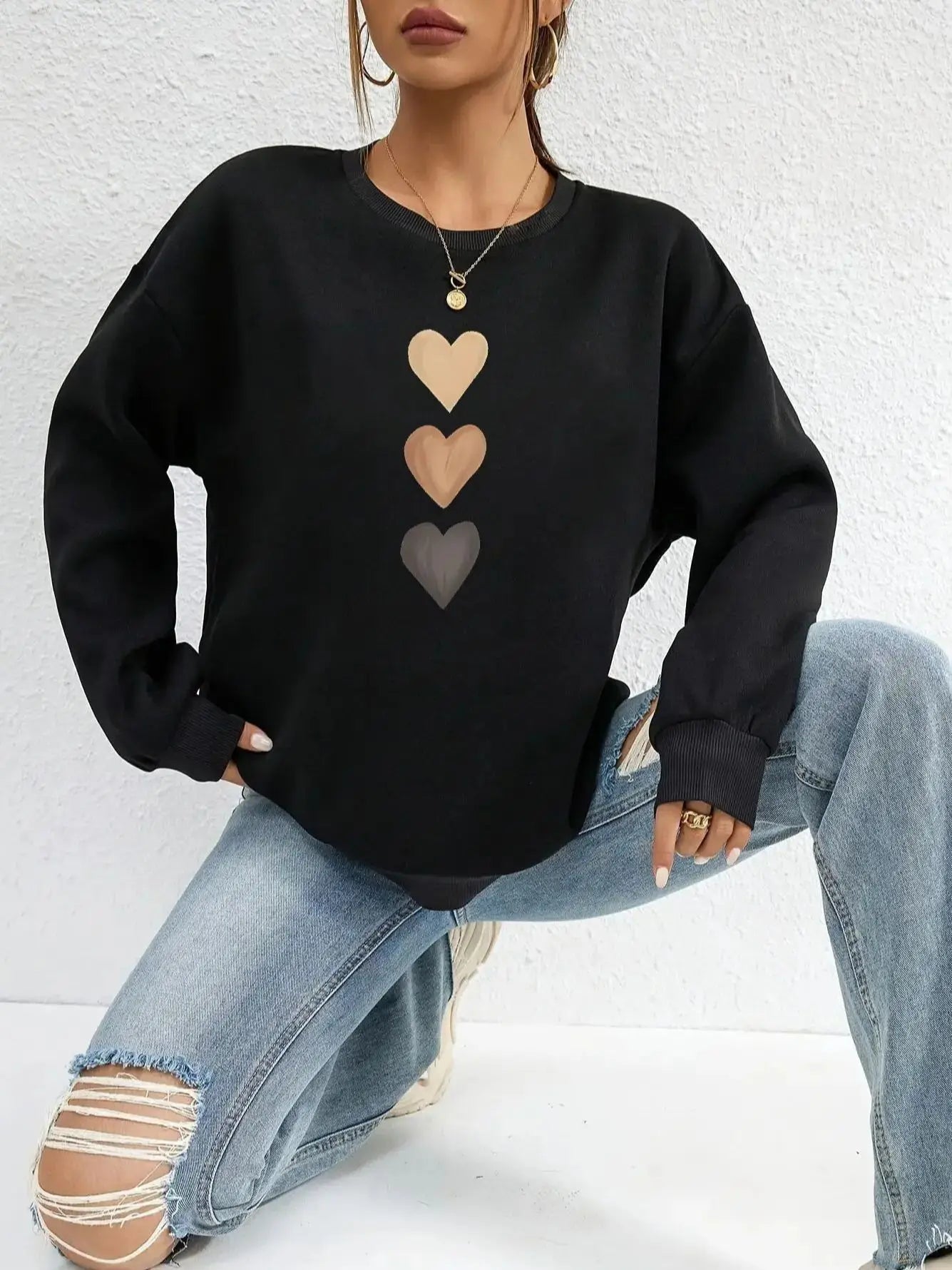 Belle™ - Sweatshirt voor Vrouwen met Bedrukt Drie Hartjes, Casual met Lange Mouwen