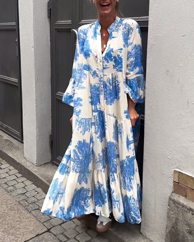 Greta™ - Losvallende Patchworkjurk met V-hals en Klokmouwen met Print