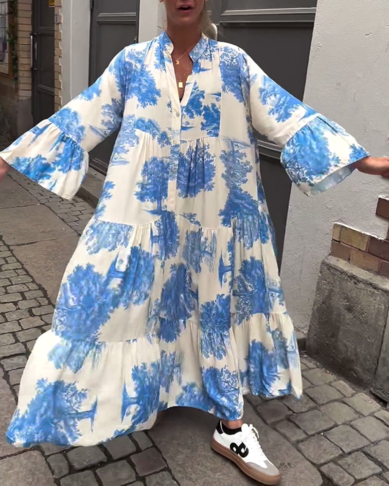 Greta™ - Losvallende Patchworkjurk met V-hals en Klokmouwen met Print
