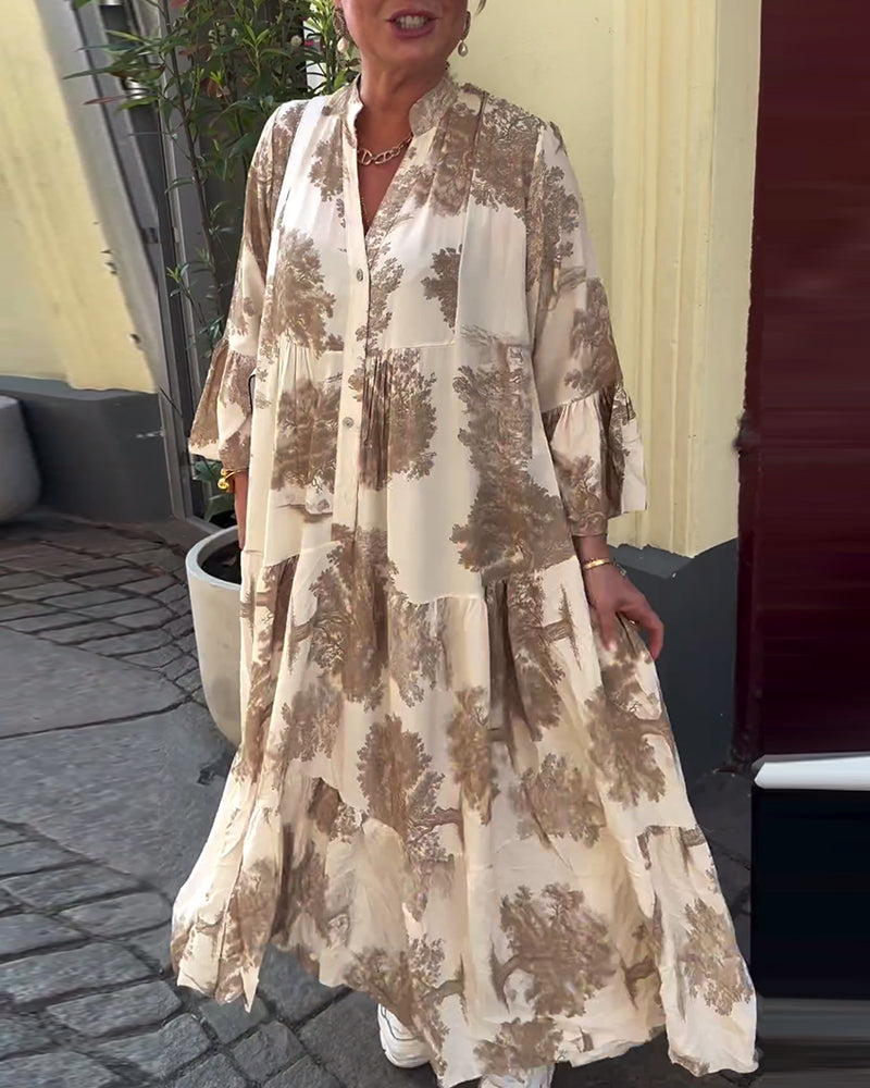 Greta™ - Losvallende Patchworkjurk met V-hals en Klokmouwen met Print