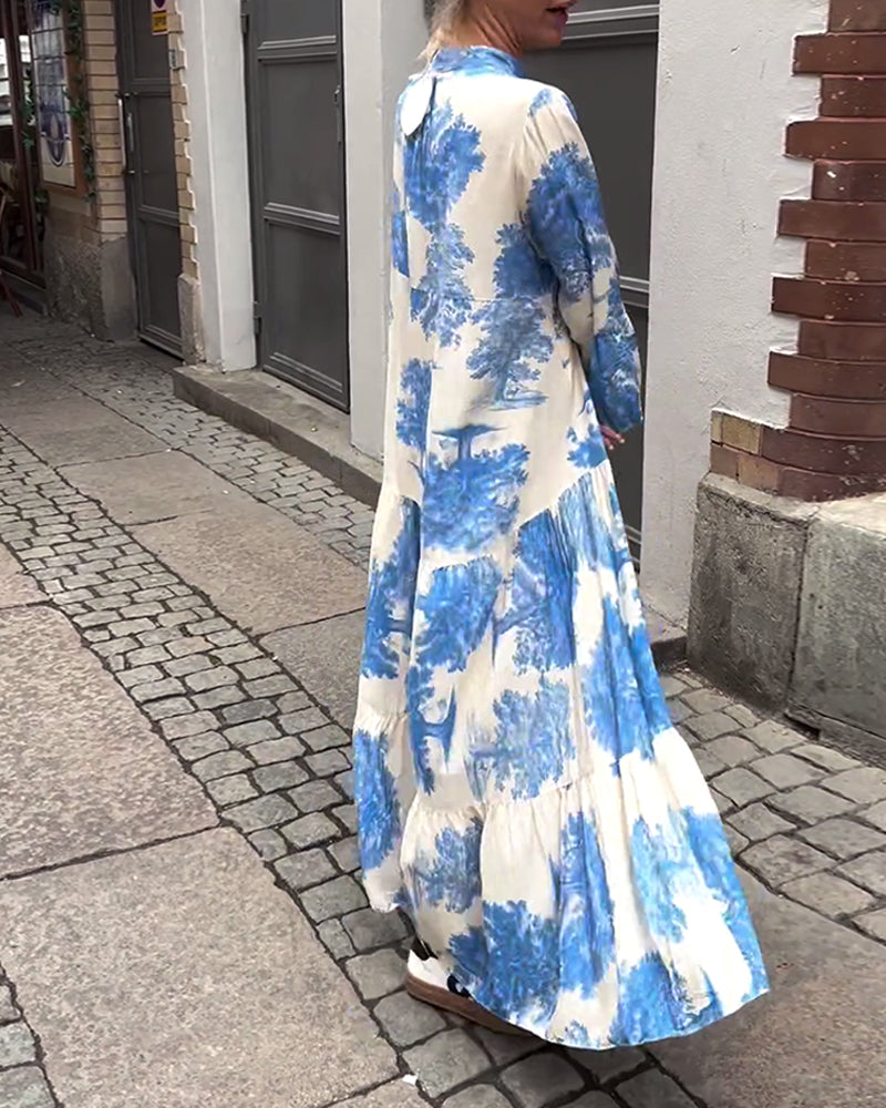 Greta™ - Losvallende Patchworkjurk met V-hals en Klokmouwen met Print