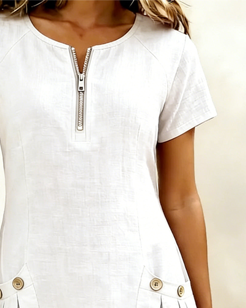 Kovira - Korte Katoenen Linnen Jurk met Rits en Zakken