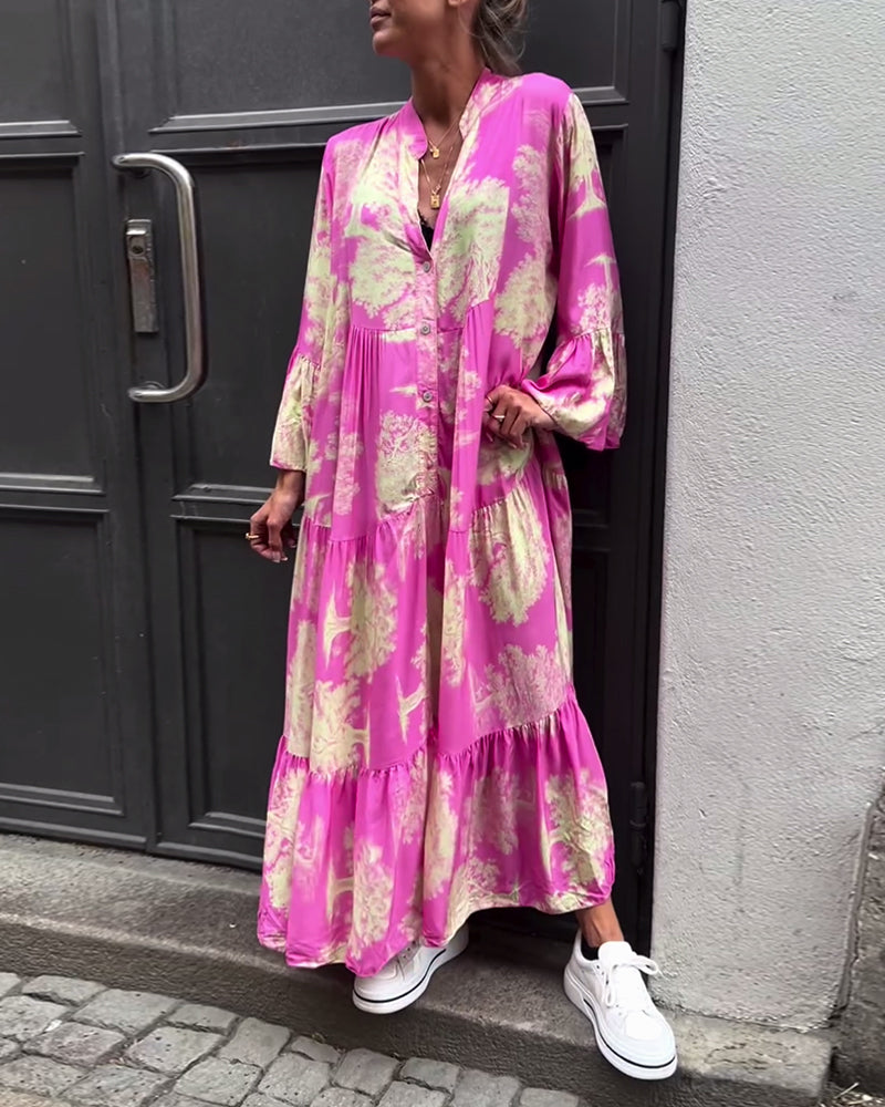 Greta™ - Losvallende Patchworkjurk met V-hals en Klokmouwen met Print