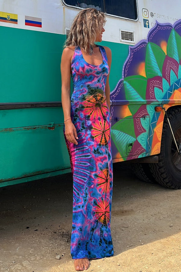 Junaria™ - Maxi-jurk met tie-dye print, vetersluiting op de rug, stretch (met ingebouwde bh)