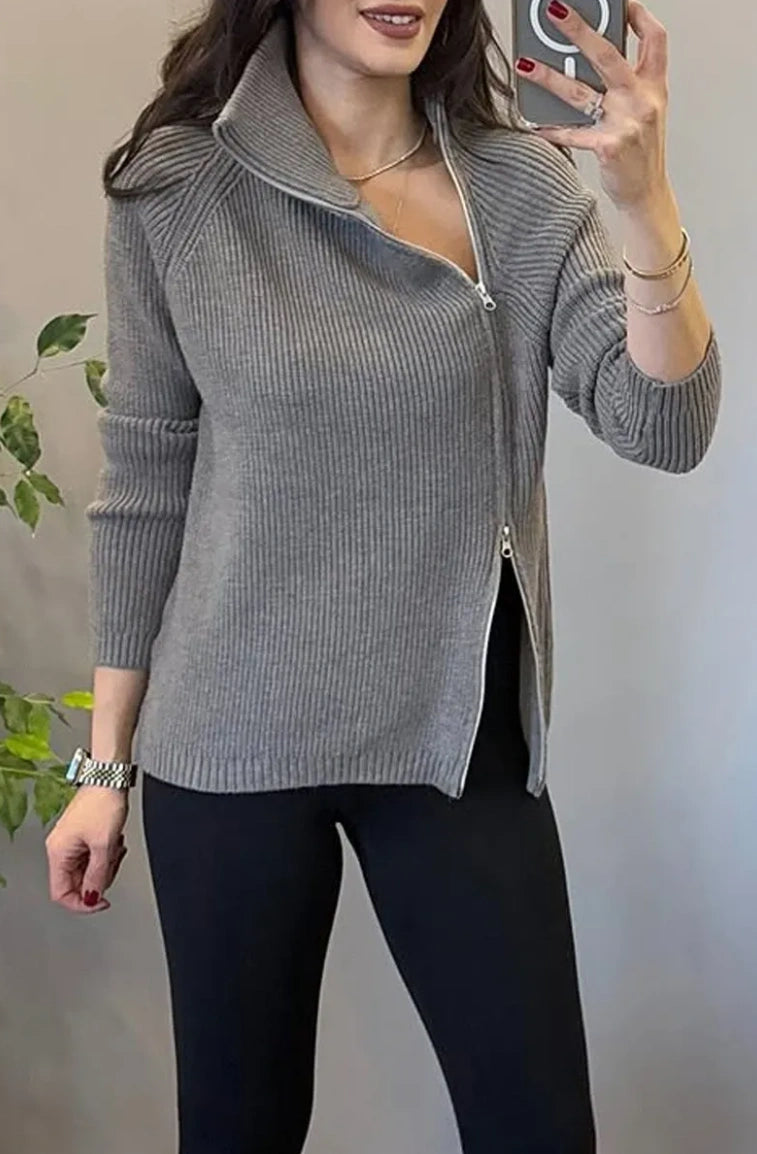 Lucienne™ - Asymmetrische Trui in breisel met dubbele rits