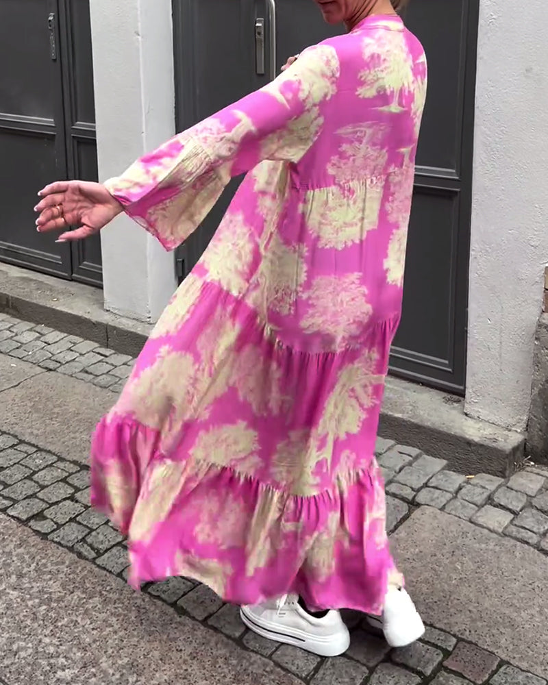 Greta™ - Losvallende Patchworkjurk met V-hals en Klokmouwen met Print