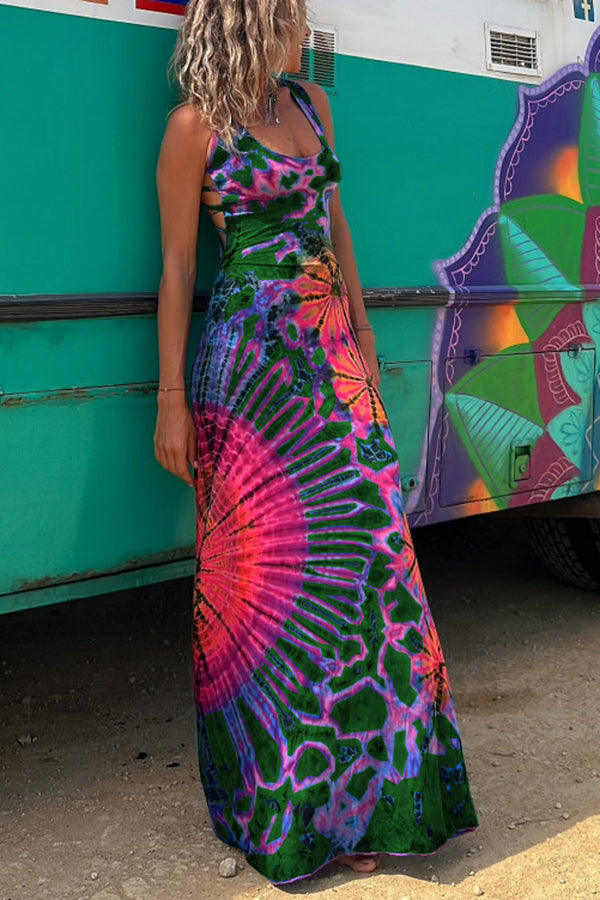 Junaria™ - Maxi-jurk met tie-dye print, vetersluiting op de rug, stretch (met ingebouwde bh)