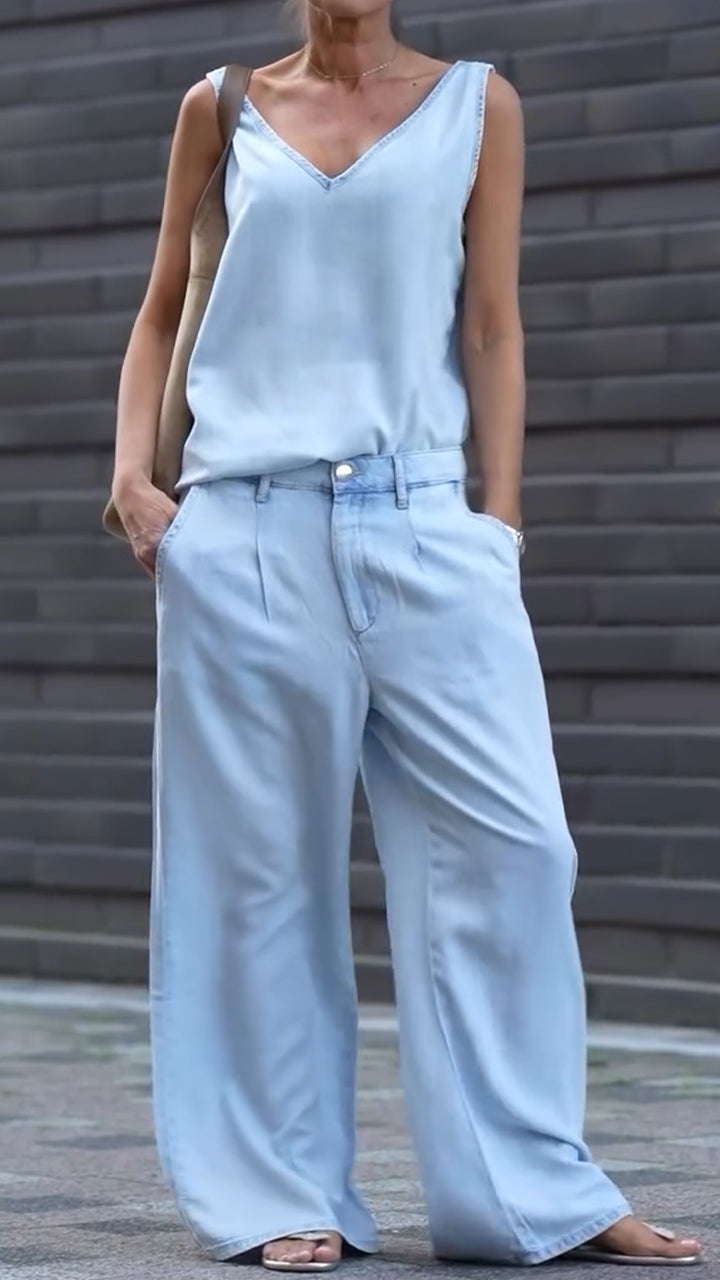Maravelle - Casual damesoutfit met V-hals en mouwloze Tencel-denim