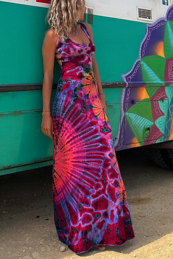 Junaria™ - Maxi-jurk met tie-dye print, vetersluiting op de rug, stretch (met ingebouwde bh)