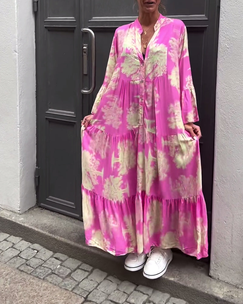 Greta™ - Losvallende Patchworkjurk met V-hals en Klokmouwen met Print