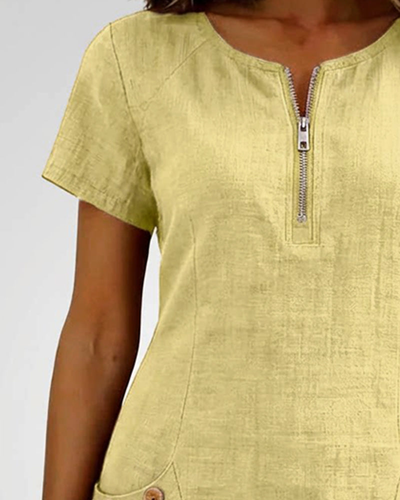 Kovira - Korte Katoenen Linnen Jurk met Rits en Zakken
