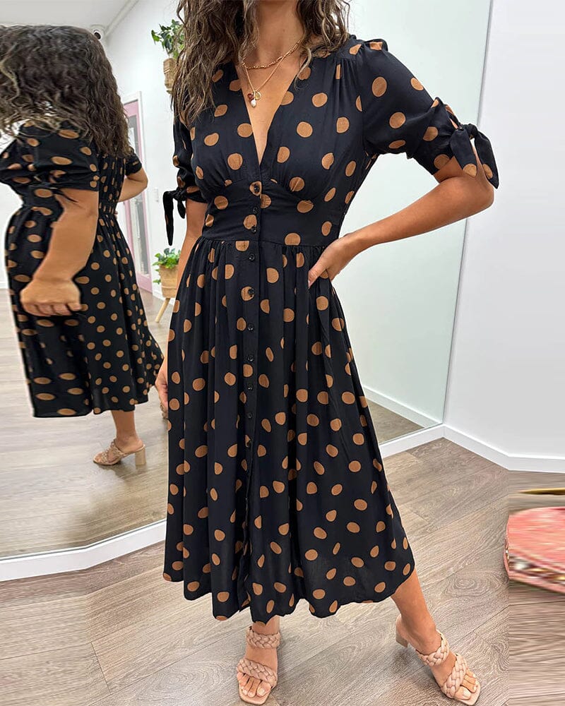 Mina - Polka Dot Jurk met Diepe Puntige Halslijn