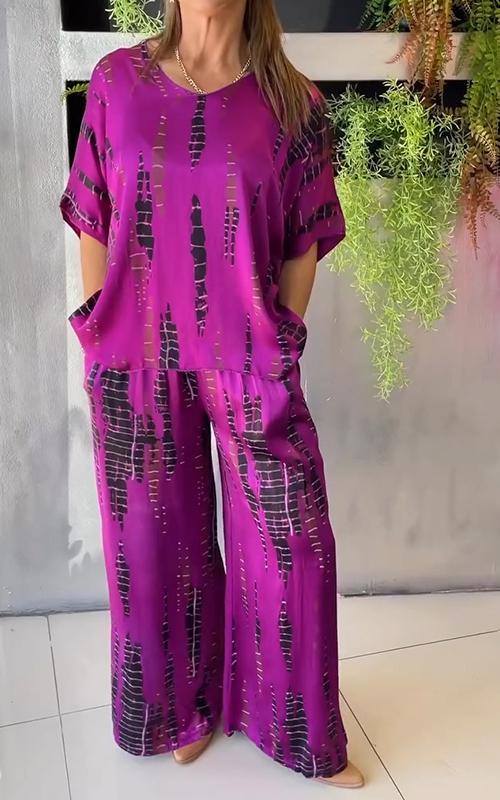 Iria™ - Casual satijnen set met ronde hals