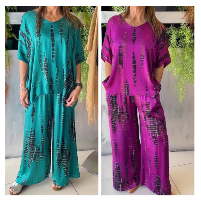 Iria™ - Casual satijnen set met ronde hals