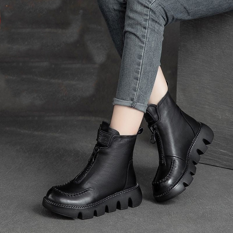 Coralie™ - Leren enkellaarsjes voor dames met retro platform