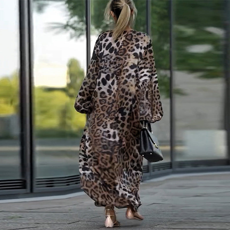 Cerise - Elegante Lange Luipaardprint Jurk