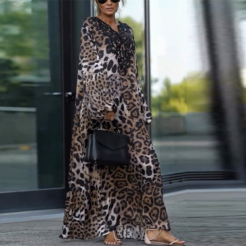 Cerise - Elegante Lange Luipaardprint Jurk
