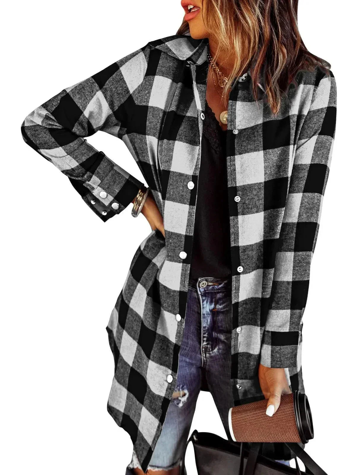 Larissa - Elegante Lange Geruite Blouse