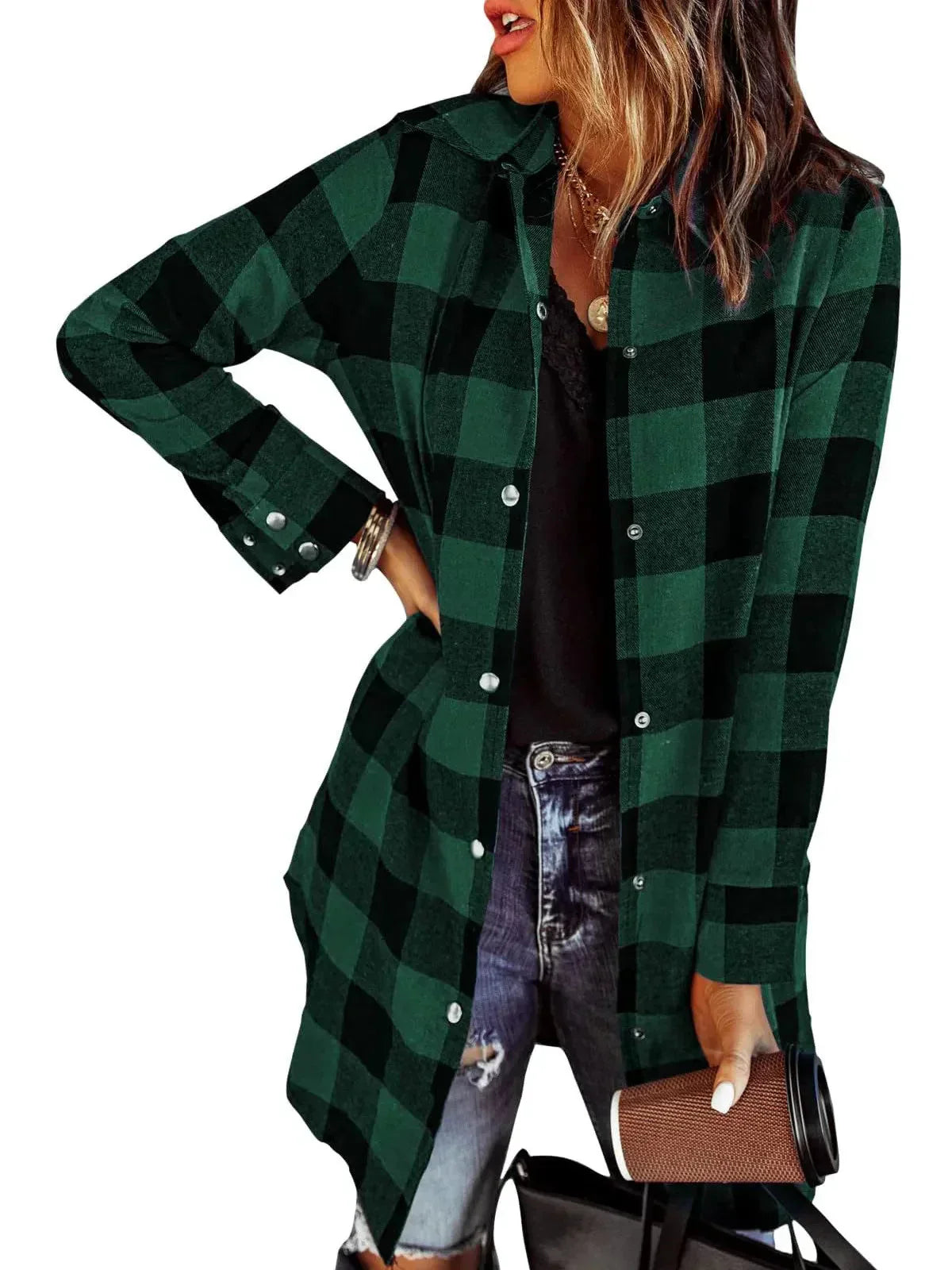 Larissa™ - Elegante Lange Geruite Blouse