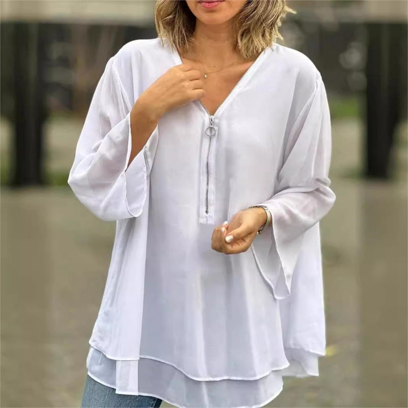 Ornella™ - Zachte dubbellaagse top met rits en V-halslijn