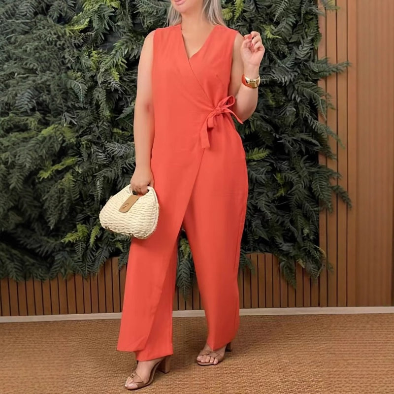 Mirabelle - Effen casual dames jumpsuit met V-hals en strikceintuur