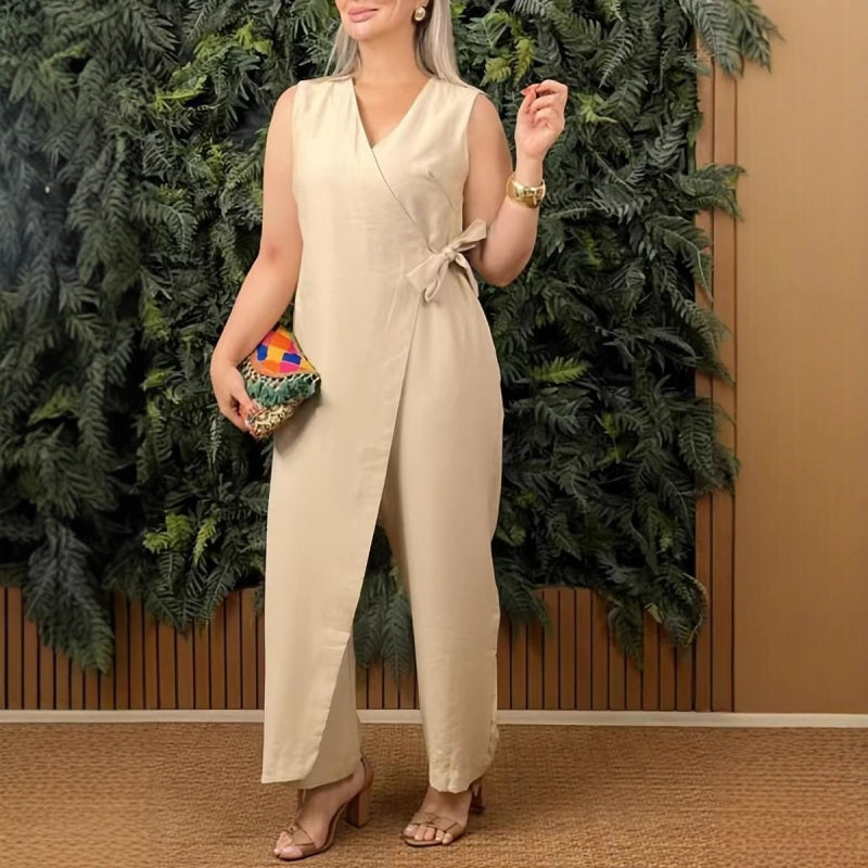 Mirabelle - Effen casual dames jumpsuit met V-hals en strikceintuur