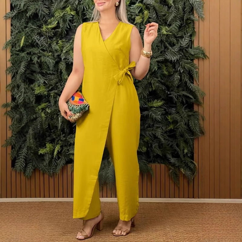 Mirabelle™ - Effen casual dames jumpsuit met V-hals en strikceintuur